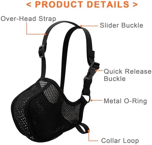 Black mesh dog muzzle showcasing the bottom loop for secure collar connection