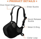Black mesh dog muzzle showcasing the bottom loop for secure collar connection