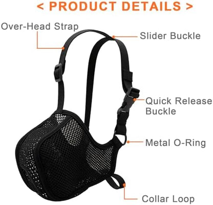 Black mesh dog muzzle showcasing the bottom loop for secure collar connection