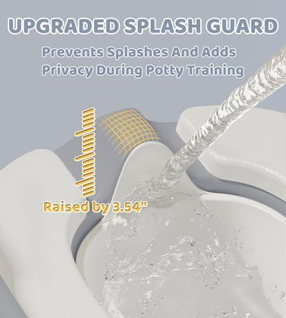 Extended splash guard and deep arc recess design on the boys training potty urinal front