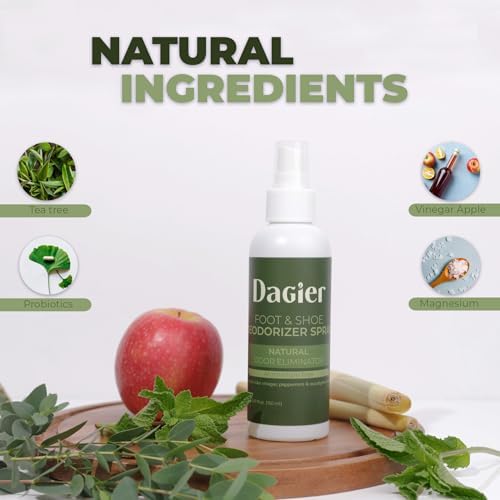 Dagier shoe smell remover spray being applied to athletic sneakers