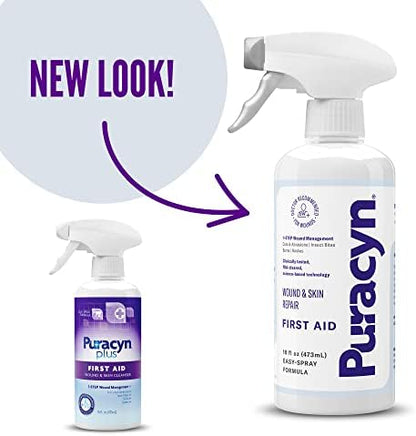 Puracyn Plus 16 fluid ounce professional formula skin irrigation spray packaging details.