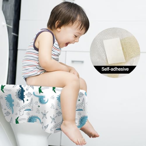 Toddler using a public restroom with a kimitimi patterned protective potty liner covering the seat.