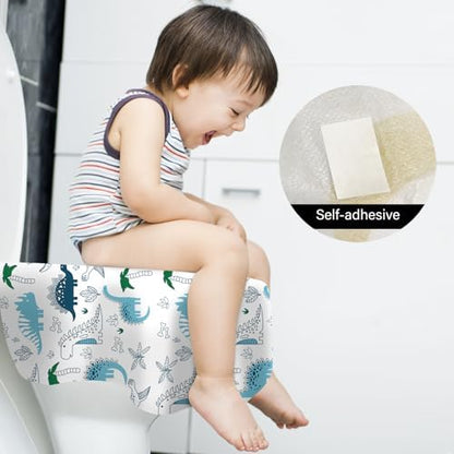 Toddler using a public restroom with a kimitimi patterned protective potty liner covering the seat.