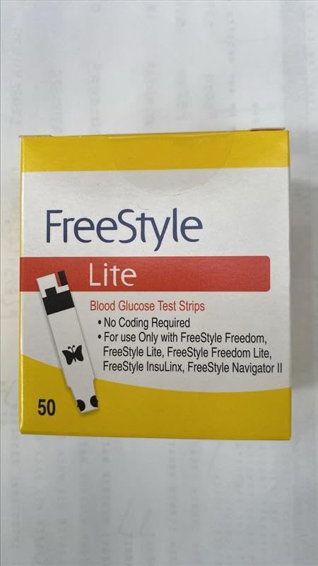 Close up view of the FreeStyle Lite diabetic testing vials showing no coding and small sample feature highlights.