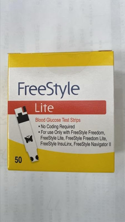 Close up view of the FreeStyle Lite diabetic testing vials showing no coding and small sample feature highlights.