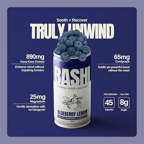 Bashi non alcoholic calming drink bottle showing the eight fluid ounce blueberry lemon blend