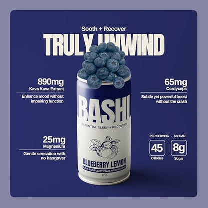 Bashi non alcoholic calming drink bottle showing the eight fluid ounce blueberry lemon blend