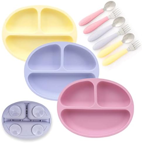 Three pack Elk and Friends divided silicone plates in sage misty blue and gray colors