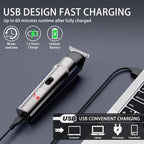 7d24hcare rechargeable mustache and nose hair trimmer connecting to a USB charging cable