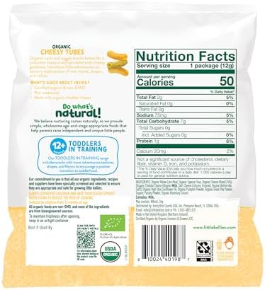 Little Bellies organic cheddar cheese puffed corn snacks showing individual single-serve bags.
