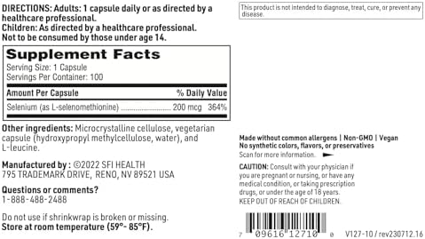 Sfi Health Seleno Met vegetarian capsules bottle showing complete usage directions and warnings