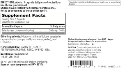 Sfi Health Seleno Met vegetarian capsules bottle showing complete usage directions and warnings
