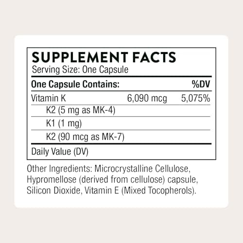 Side profile of Thorne Vitamin K bottle displaying barcode and dosage