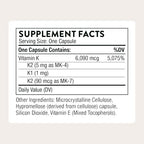 Side profile of Thorne Vitamin K bottle displaying barcode and dosage