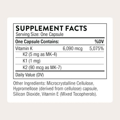 Studio shot of Thorne Vitamin K 60 capsules bottle displaying the authentic brand packaging layout clearly.