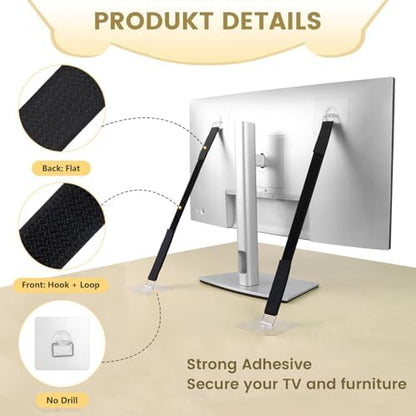 Demonstration of cutting the black premium nylon safety strap to custom length for living room media center.