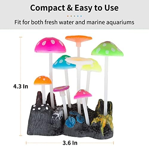 Product packaging and dimensions overview for the Uniclife glowing effect artificial mushroom fish tank ornament.