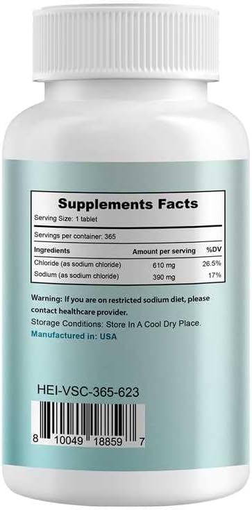 Heivy pure salt pills 365 count supplement packaging showing product benefits