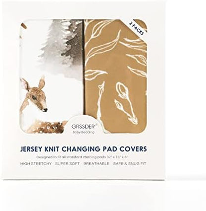 Two pack nursery changing mattress covers showing both woodland theme designs side by side.