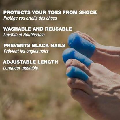 Washable and reusable blue silicone toe sleeves for athletes.