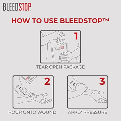 BleedStop blood clotting powder being applied to a sterile wound dressing