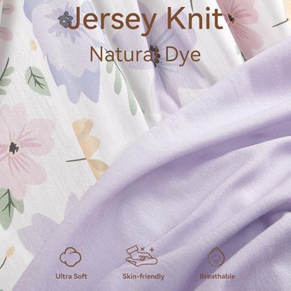 Close up details of the purple jersey knit fabric texture and stitching