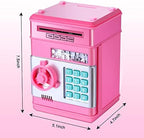 Pink electronic toy money bank showing automatic paper bill scrolling slot