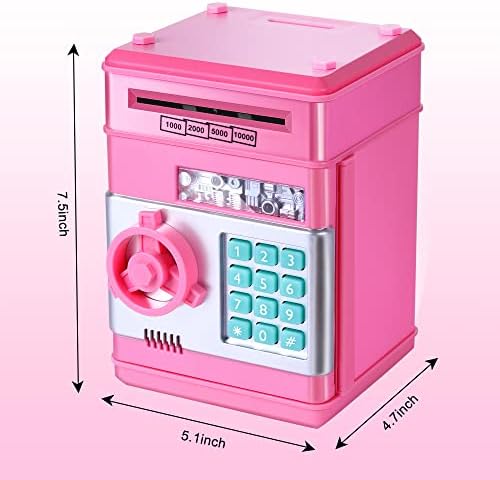 Pink electronic toy money bank showing automatic paper bill scrolling slot