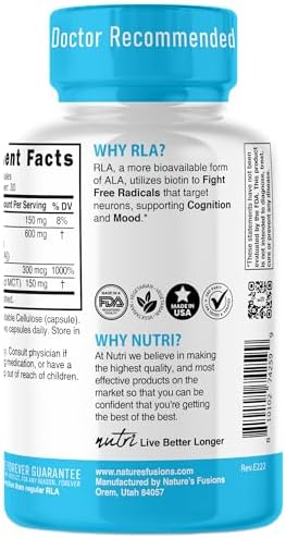 Nature's Fusions Nutri R Alpha Lipoic Acid 600mg supplement facts panel showing biotin optimizer ingredients
