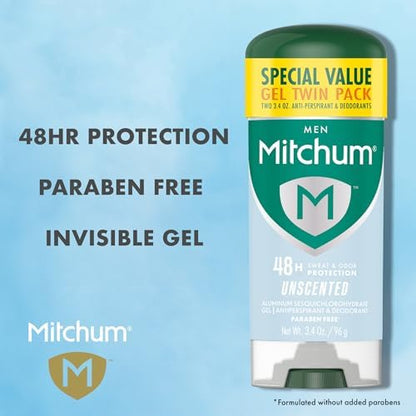 Back label of Mitchum unscented gel deodorant displaying active ingredients and usage directions