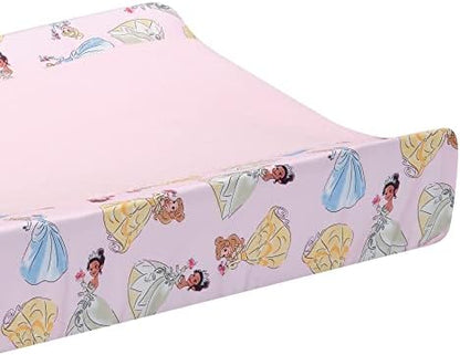 Close up view of the printed microfiber border detailing Cinderella, Belle, and Tiana graphics.