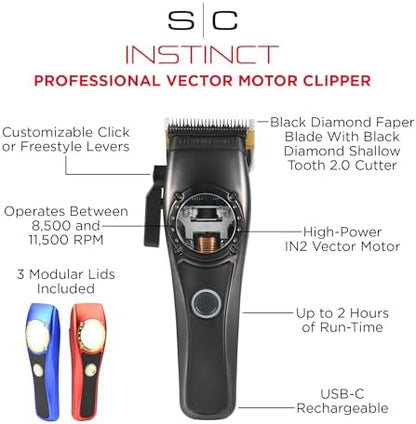 Stylecraft Instinct professional hair clipper placed securely on its premium black charging dock setup.