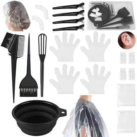 Kusuvika 16 Pieces Hair Dye Color Brush Bowl Set front view highlighting the black mixing bowl and assorted applicator tools.