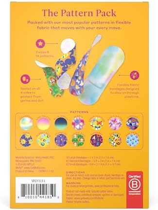 Welly adhesive flexible fabric bandages in assorted colorful patterns and distinct sizes laid out flat.