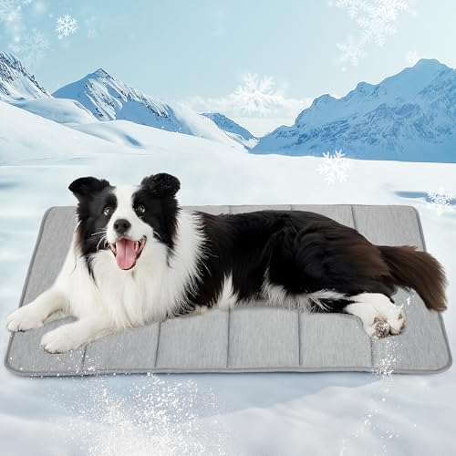 Large dog resting comfortably on the grey Zakapaws summer cooling pad