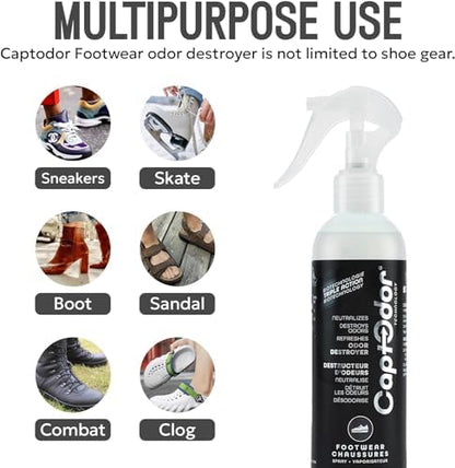 Athlete using Captodor spray on sports sneakers to eliminate smell