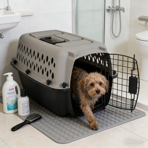 Extra small black and grey dog crate top handle view