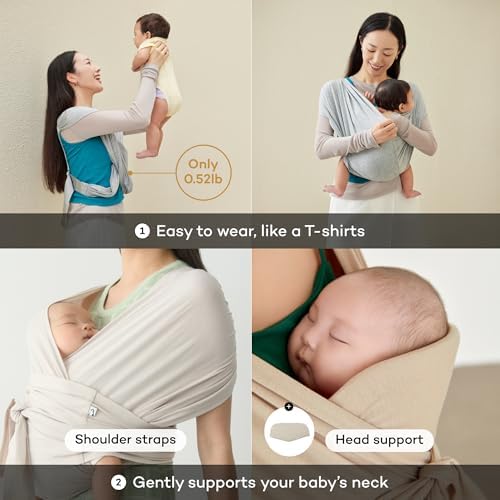 Close up view of the premium integrated head support cushion on the neutral beige baby carrier.