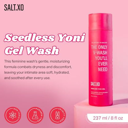 Salt.xo intimate wash with cucumber and aloe vera ingredients for pH balance.