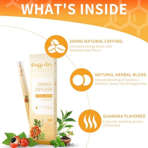 Packaging of PUFFIAIR 600 uses energy diffuser with peppermint and menthol.