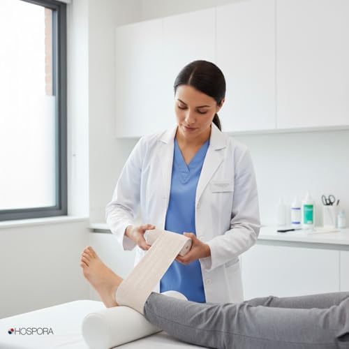 Hospora medical grade cotton compression bandage being applied to an ankle.