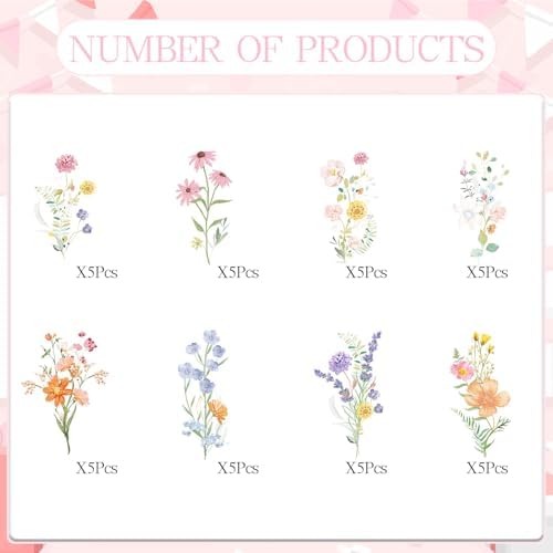 Close up of 40 piece floral birthday cake decoration set