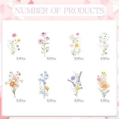 Close up of 40 piece floral birthday cake decoration set