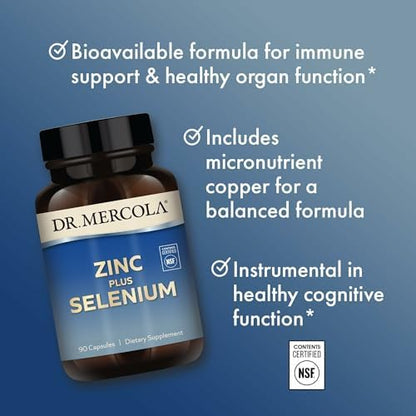 Close up of genuine Dr. Mercola zinc copper and selenium capsules for daily antioxidant health