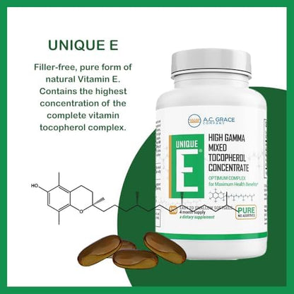 A.C. Grace Company UNIQUE E natural vitamin E capsule formula facts and benefits panel.