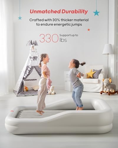QPAU toddler blow up travel bed deflated and packed inside its compact grey carry bag