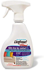 Application process of Licefreee spray on dry hair for effective lice removal.
