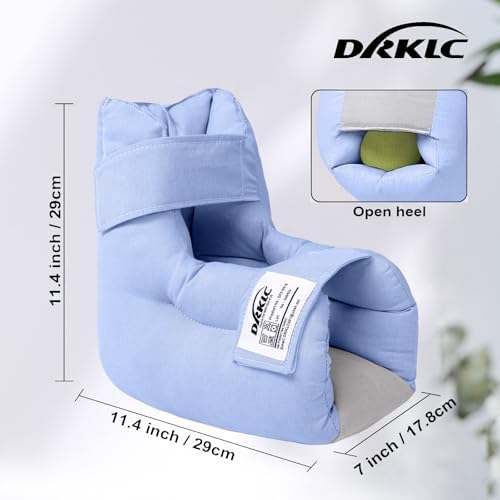 Adjustable foot pillow with blue velcro straps for bedridden patients