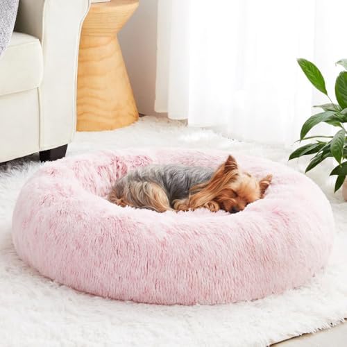 WNPETHOME Calming Dog Bed Cat Bed Donut, Faux Fur Pet Bed Self-Warming Donut Cuddler, Comfortable Round Plush Dog Beds (20 x 20 x 8 Inch, Light Pink) - Image 2